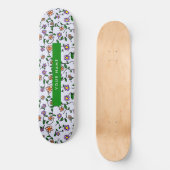 カラフル花、青い背景、緑 スケートボード (正面)
