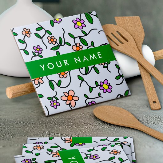 カラフル花、青い背景、緑 タイル