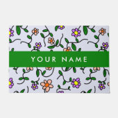 カラフル花、青い背景、緑 ドアマット (正面)