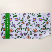 カラフル花、青い背景、緑 ビーチタオル (正面)