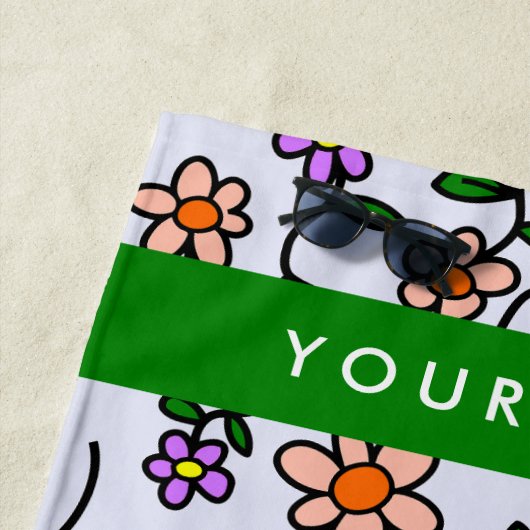 カラフル花、青い背景、緑 ビーチタオル (インサイチュ)