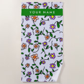 カラフル花、青い背景、緑 ビーチタオル (正面)