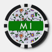 カラフル花、青い背景、緑 ポーカーチップ (正面)