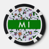 カラフル花、青い背景、緑 ポーカーチップ (裏面)