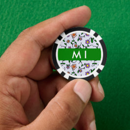 カラフル花、青い背景、緑 ポーカーチップ