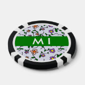 カラフル花、青い背景、緑 ポーカーチップ (シングル)