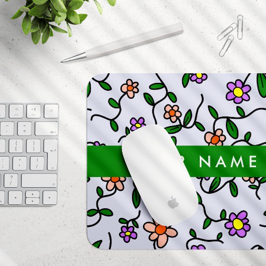 カラフル花、青い背景、緑 マウスパッド