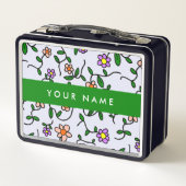 カラフル花、青い背景、緑 メタルランチボックス (裏面)