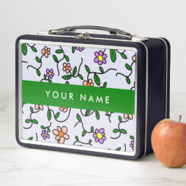 カラフル花、青い背景、緑 メタルランチボックス