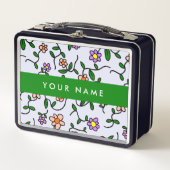 カラフル花、青い背景、緑 メタルランチボックス (正面)