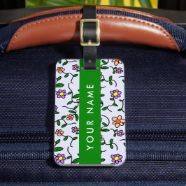 カラフル花、青い背景、緑 ラゲッジタグ