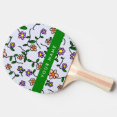 カラフル花、青い背景、緑 卓球ラケット (横)