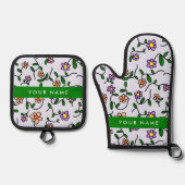 カラフル花、青い背景、緑 鍋つかみ&鍋敷きセット (正面)