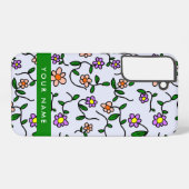 カラフル花、青い背景、緑 SAMSUNG GALAXYケース (裏面横)