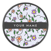 カラフル花、青い背景、黒 アイスホッケーパック (正面)