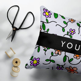 カラフル花、青い背景、黒 アクセントクッション