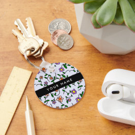 カラフル花、青い背景、黒 キーホルダー