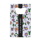 カラフル花、青い背景、黒 クレジットカード栓抜き (正面)