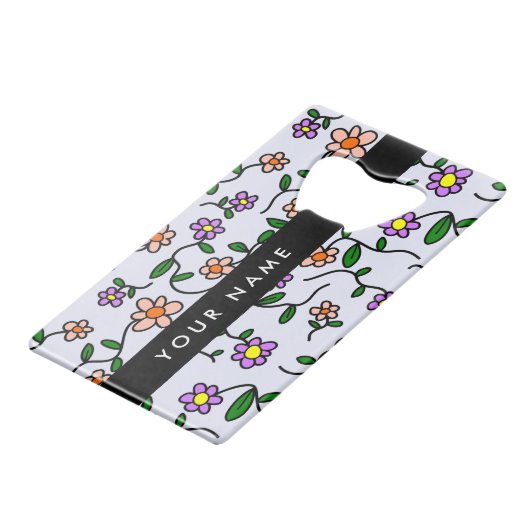 カラフル花、青い背景、黒 クレジットカード栓抜き (正面アングル)