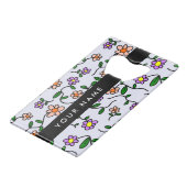 カラフル花、青い背景、黒 クレジットカード栓抜き (裏面アングル)