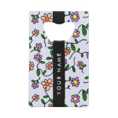 カラフル花、青い背景、黒 クレジットカード栓抜き (裏面)