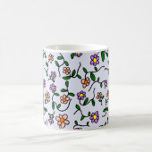 カラフル花、青い背景、黒 コーヒーマグカップ (中央)