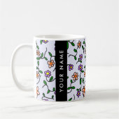 カラフル花、青い背景、黒 コーヒーマグカップ (左)