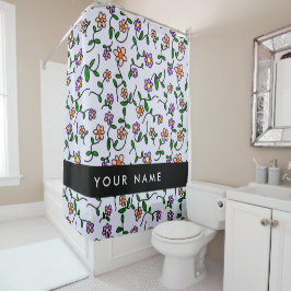 カラフル花、青い背景、黒 シャワーカーテン