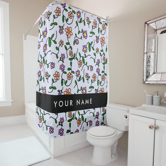 カラフル花、青い背景、黒 シャワーカーテン (インサイチュ)