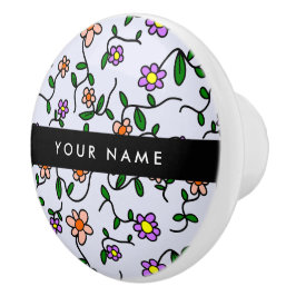 カラフル花、青い背景、黒 セラミックノブ