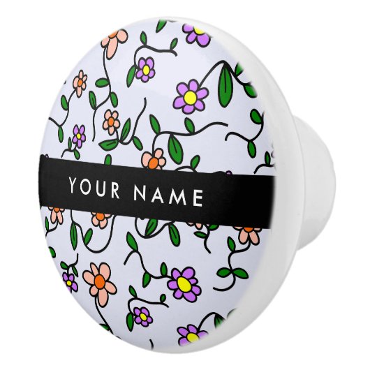 カラフル花、青い背景、黒 セラミックノブ (右)