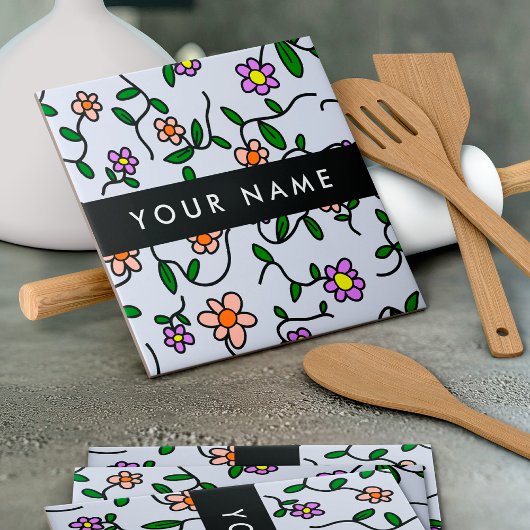 カラフル花、青い背景、黒 タイル