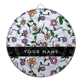 カラフル花、青い背景、黒 ダーツボード