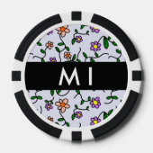 カラフル花、青い背景、黒 ポーカーチップ (正面)