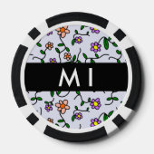 カラフル花、青い背景、黒 ポーカーチップ (裏面)