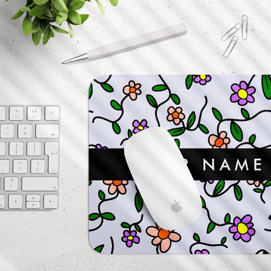 カラフル花、青い背景、黒 マウスパッド