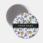 カラフル花、青い背景、黒 マグネット (正面/裏面)