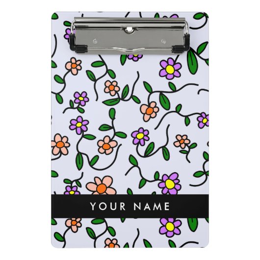 カラフル花、青い背景、黒 ミニクリップボード (正面)