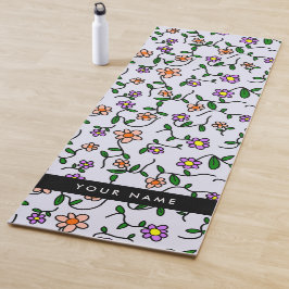 カラフル花、青い背景、黒 ヨガマット