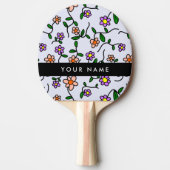 カラフル花、青い背景、黒 卓球ラケット (正面)