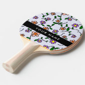 カラフル花、青い背景、黒 卓球ラケット (正面アングル)