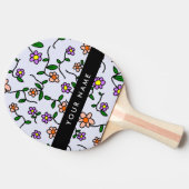 カラフル花、青い背景、黒 卓球ラケット (横)