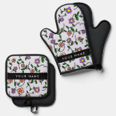 カラフル花、青い背景、黒 鍋つかみ&鍋敷きセット (正面/裏面)