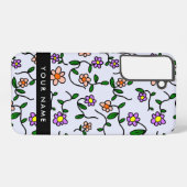 カラフル花、青い背景、黒 SAMSUNG GALAXYケース (裏面横)