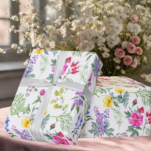 カラフル草木野花とハーブ花の柄 ラッピングペーパー