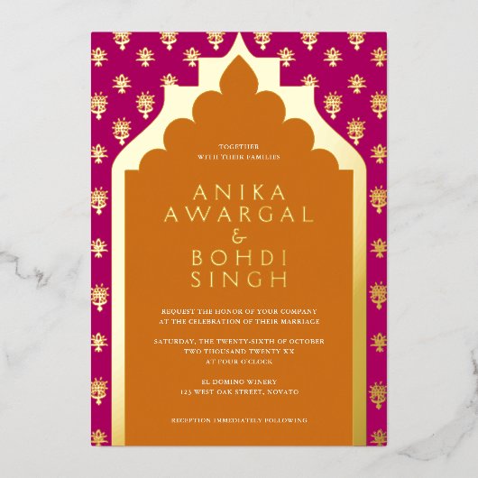 カラフル華美インディアンの画面結婚の実在表示 箔招待状 (正面)