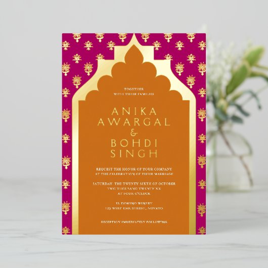カラフル華美インディアンの画面結婚の実在表示 箔招待状 (立ち正面)