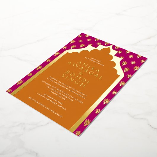 カラフル華美インディアンの画面結婚の実在表示 箔招待状 (回転した状態)