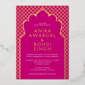 カラフル華美インディアン画面の結婚金ゴールド 箔招待状 (正面)