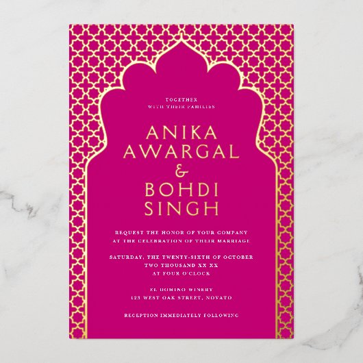 カラフル華美インディアン画面の結婚金ゴールド 箔招待状 (正面)